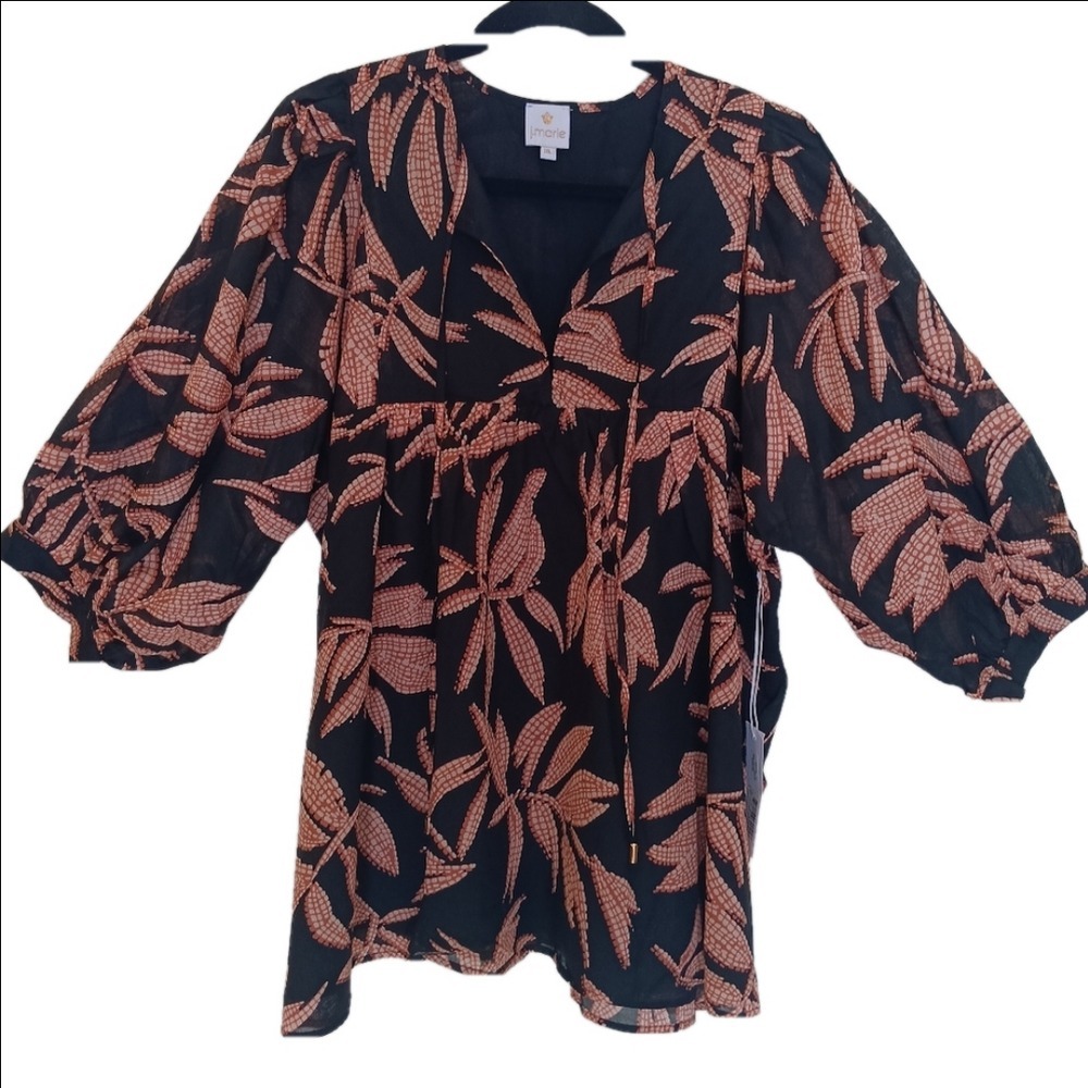 J. Marie Talia Puff Sleeve Tunic Women XL Black Leaf Print Cotton Blouse NEW